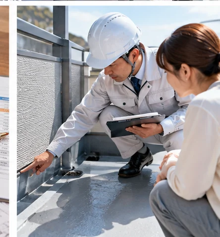 防水工事の施工業者がベランダの状態を説明する相談のイメージ